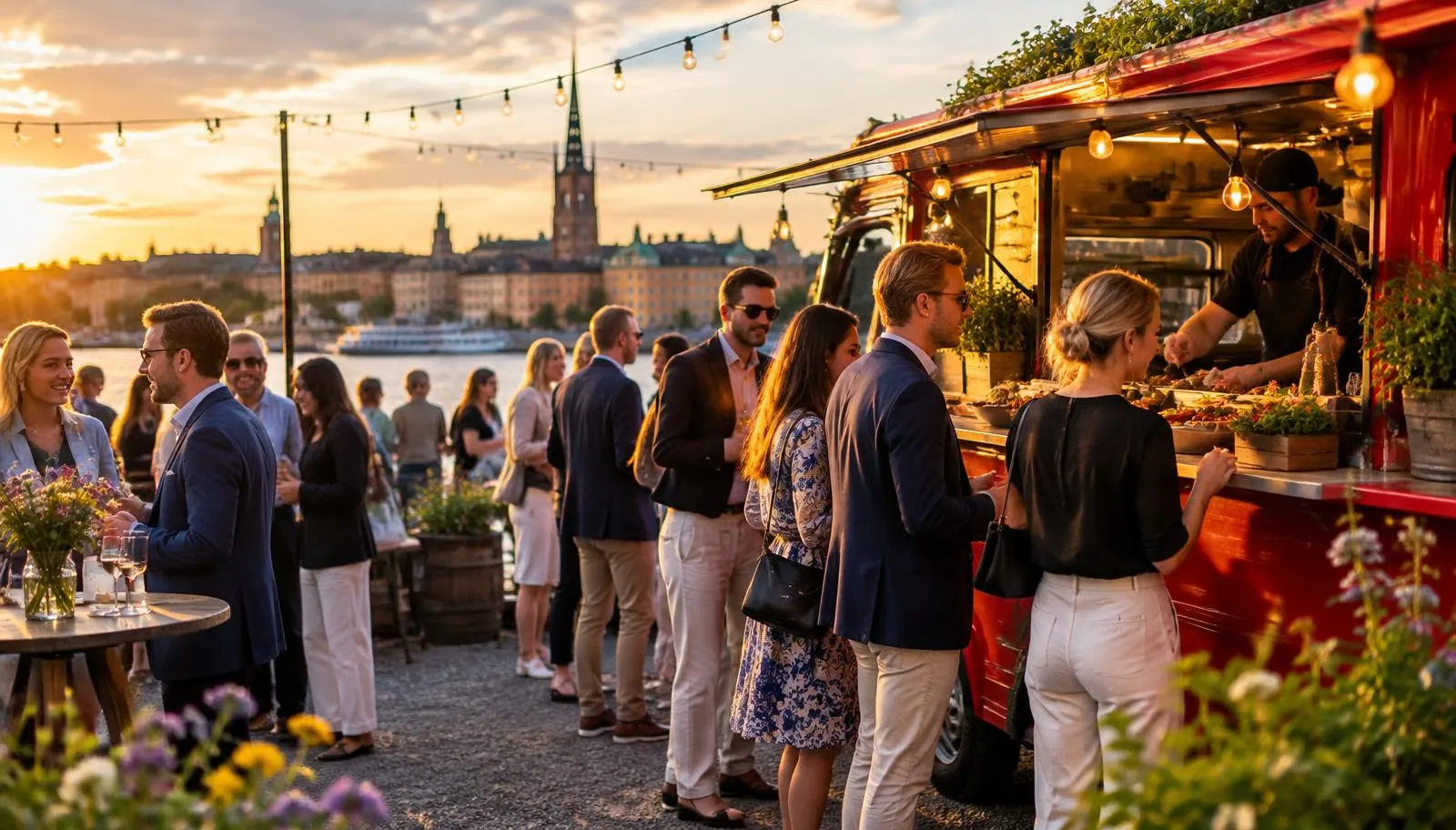 Gäster köar vid en foodtruck på ett sommarevent i Stockholm